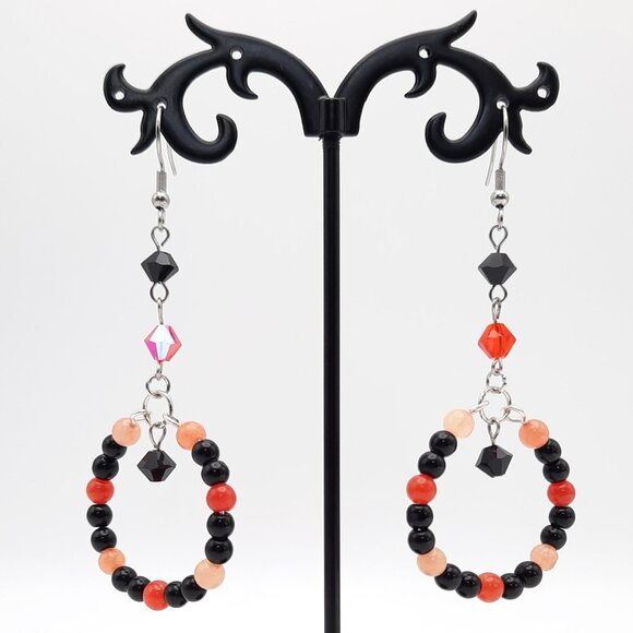 Hand Crafted Jewelry - Orange Quartz Black Jasper Chakra Gemstone Circle Earrings Handmade Jewelry